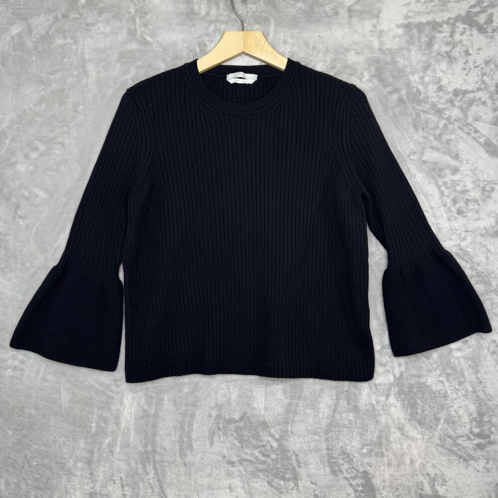 Hugo Boss Sweater Womens Medium Black Made in Italy Ribbed Wool Bell Sleeve